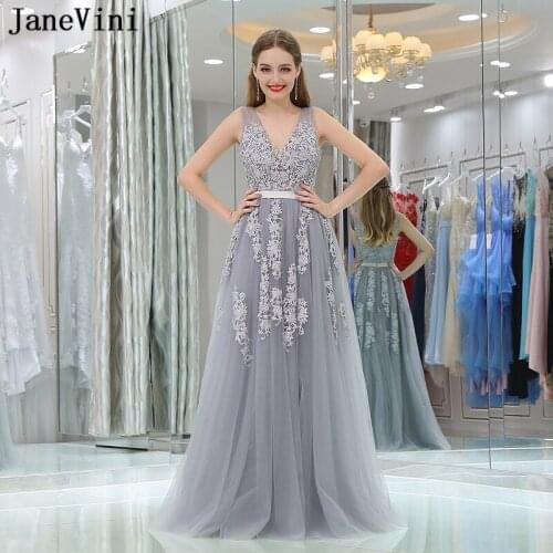 JaneVini Elegant A Line Gray Bridesmaid Dresses Lace Appliques Floor Length Tulle Long Prom Dress Sexy Deep V Neck Formal Gowns