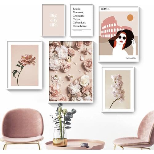 Elegant Flowers Lady Roses Poster Nordic Rome City Landscape Wall Art Canvas Print Painting Botanical Picture Modern Home Decor