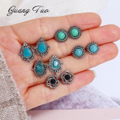 ES503 European Vintage Round Flower Earrings Water Drops Gem Boho Fashion Stud Earrings For Women Charm Jewelry 5 Pairs/Set Gift