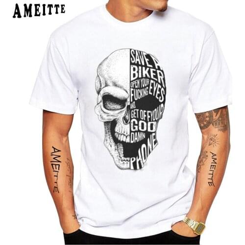 Save A Biker - Open Your Eyes Print T-Shirt Summer Men Short Sleeve Skull Bike Design Hip Hop Boy Tops White Hipster Bicycle Tee