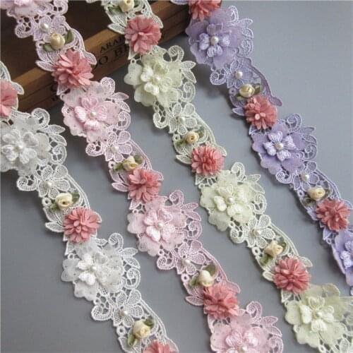 HOT Soluble Polyester Pearl Rose Heart Flower Embroidered Lace Trim Ribbon Fabric Handmade Garment Wedding Dress Sewing Craft