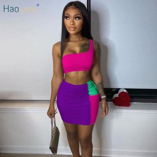 HAOYUAN Patchwork Two Piece Skirt Set Sexy Club Outfits for Women Summer Clothes One Shoulder Crop Top Mini Dress Matching Sets