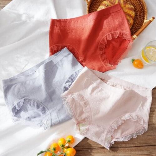 Cotton Briefs Womens Underpants Lingerie Mid Waist Panties Breathable Lace Side Ruffles Underwear Female Intimates 1/2/3 Pcs
