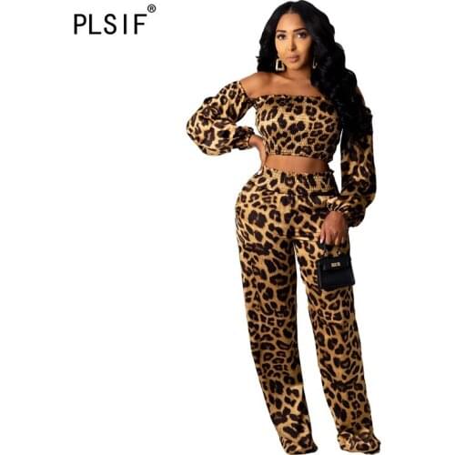 Strapless Backless Long Sleeve Leopard Grain Crop Top And Pants 2 Piece Set High Street Sexy Tight Club Party Tracksuits