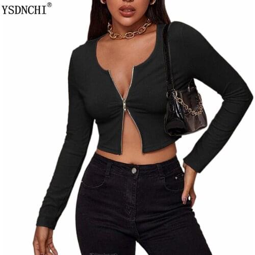 YSDNCHI Rpind Neck Cotton White Black Crop Top Women Zipper Style Casual T Shirt Basic Sexy Streetwear Long Sleeve Tops Fashion