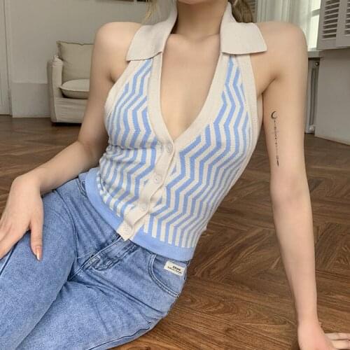 Sexy Fashion Polo V Neck Halter Vest Y2k Knitted Wave Print Button Crop Tank Tops Knitwear Streetwear 90S E-Girl Backless Party