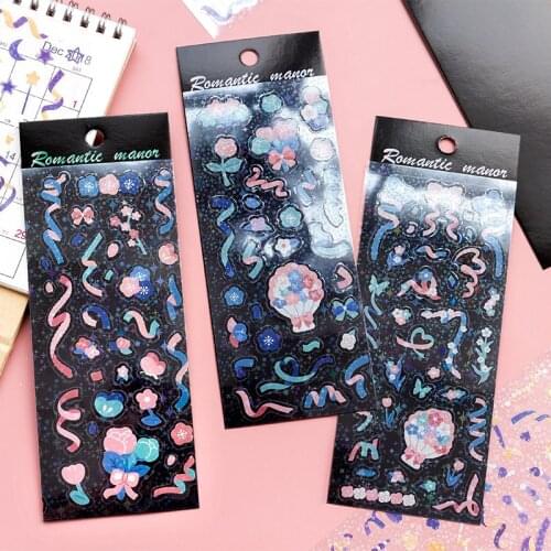 3 Pcs Cute Laser Glitter Ribbon Flower Scrapbook Stickers Decoration Photo Album Diary Journal Kawaii Stationery Sticker
