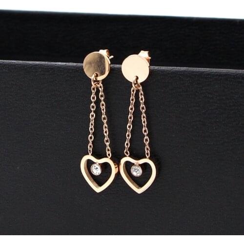 Fashion Stainless Steel Long Double Chain Heart Drop Earring Crystal Rose Gold Color Women Party Wedding Gift