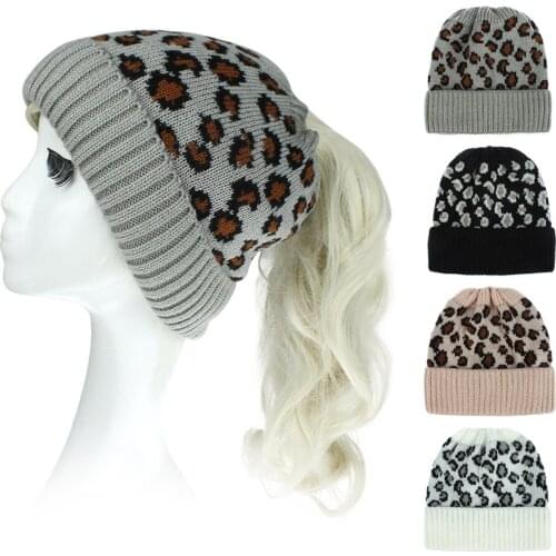 Fashion leopard women winter hats outdoor warm wool knitted hat soft elastic ladies ponytail beanie caps gorro czapka zimowa