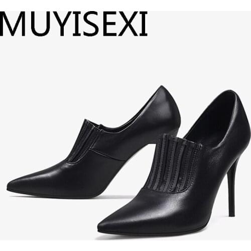 Fashion pumps pointed toe slip on 9cm super high thin heel European style deep mouth autumn work party pure color HL303 MUYISEXI