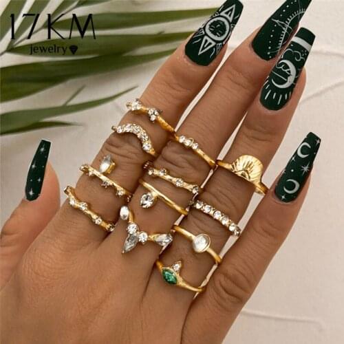 Trendy Shell Crystal Rings Set For Women Girls Fashion Geometric Moon Star Knuckle Finger Rings Jewelry