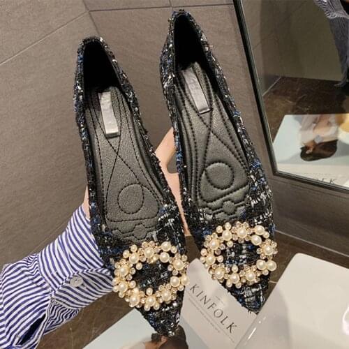 String Bead metal buckle moccasins loafers ballerina chic lattices shoes for women espadrilles pearl mixed color plaid flats2020