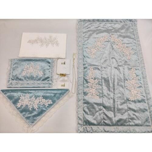 Velvet 7 Piece Prayer Rug Set Bundle Set Turquoise