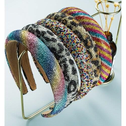 2021 New Women Hairband Retro Baroque Starry Rhinestone Sponge Headband Personality Broad Leopard Banquet Headdress Headwear