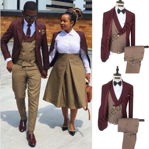 Fashion Designs Burgundy Mens Suit 3 Pieces Slim Fit Wedding Suits for Men Luxury Blazer Groom Tuxedo Jacket Pants Vest Set