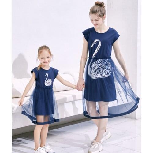 Women Girls Clothes Dress New Swan Figure Dress Family Matching Outfit Medium-Length Dress for Mother and Daughter