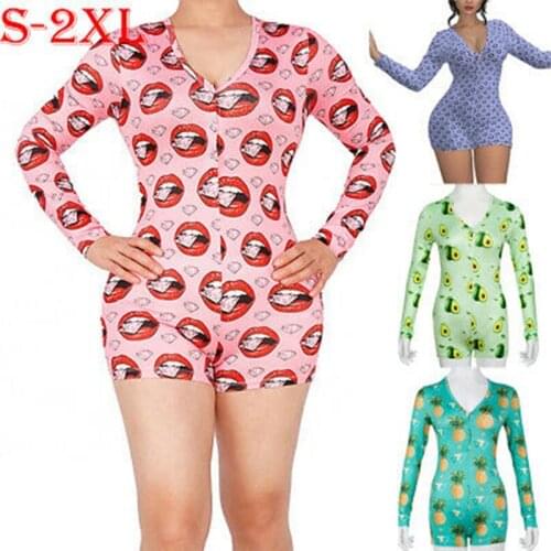 Sexy Women Bodysuit Sleepwear V-neck Print Bodycon Sleepwear Jumpsuit Button Bodysuit Shorts Romper Long Sleeve Bodysuit