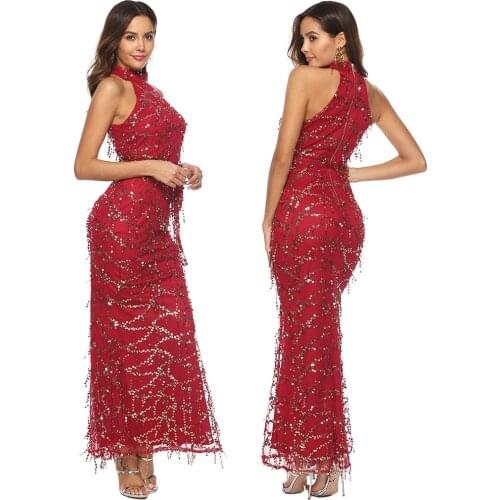 Prom Dress Long Sexy Sleeveless Net yarn Sequins Evening Party Dress Female Beach Mermaid Long Maxi Dress Red Vestido De Festa