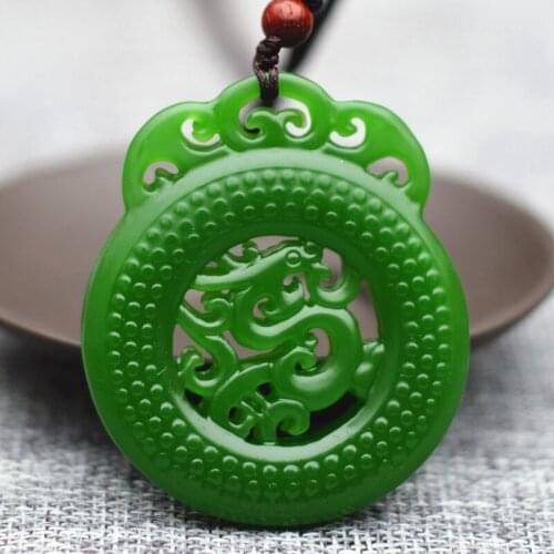 Natural Green Hand Carved Double-sided Dragon Jade Pendant Fashion Boutique Jewelry Mens and Womens Hollow Dragon Necklace