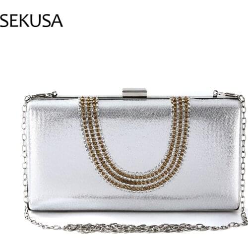 Silver Color U Diamonds Handbags With Shoulder Chain Evening Bags Crystal Female Day Clutch Party Purse
