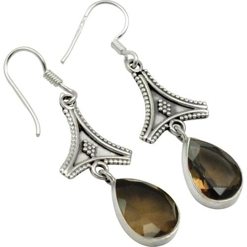 Lovegem Genuine Smokey Quartz EARRINGS 925 Sterling Silver, 44 mm, AE1959