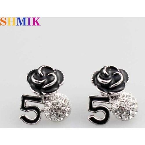 New arrival Black letters 5 flowers earrings Camellia white Rhinestone Earring