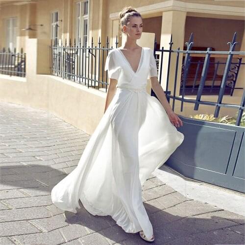 Summer Simple Chiffon Wedding Dresses Beach V Neck Short Flare Sleeves Backless Appliqued Lace Beach A Line Cheap Bridal Gowns