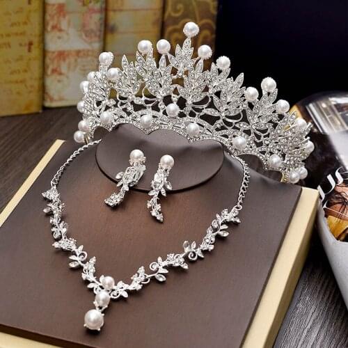 Wedding Tiara Necklace Earrings Bridal Birthday Simulated Pearl Hair Jewelry Party Hair Accessories Fashion Crown Women Gifts