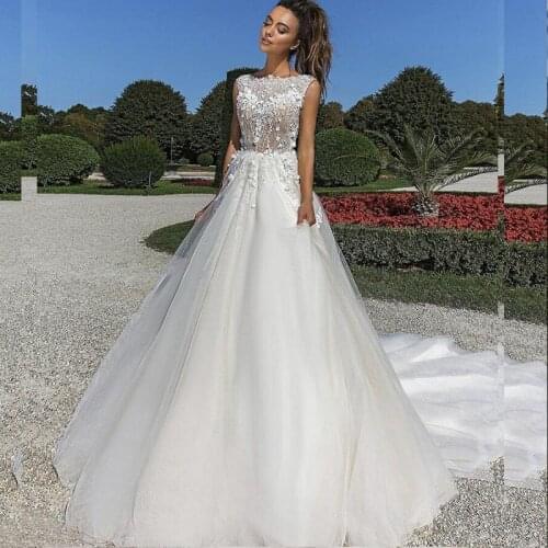 Wedding Dress A-Line O-Neck Tank Lace Appliques Beads Floor Length Sweep Train Gorgeous Bride Gown Custom Made New Arrivals