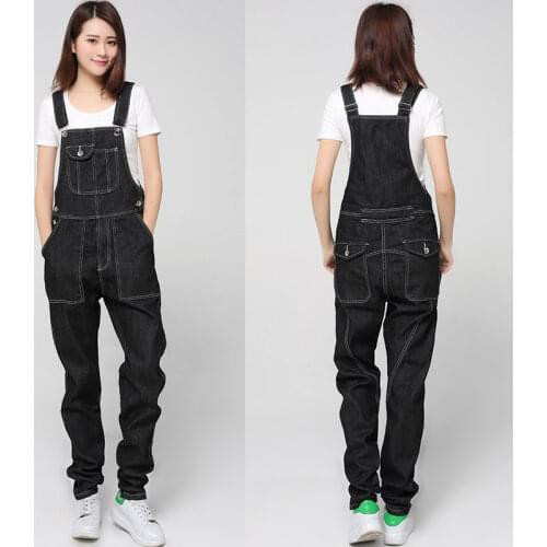 European and American style Loose Denim Overalls Small feet Black Strap trousers Ladies Modis Large size jeans Free shipping