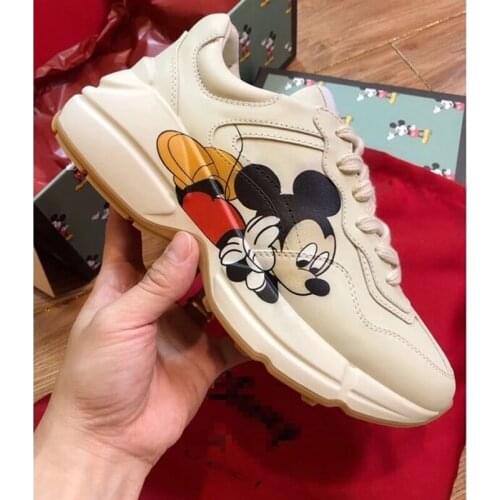 Disney 2021 Mickey Shoes White Leather Mickey Mouse Shoes Chinese Flat Traditional Shoes Casual Lovers Shoes Board Shoes