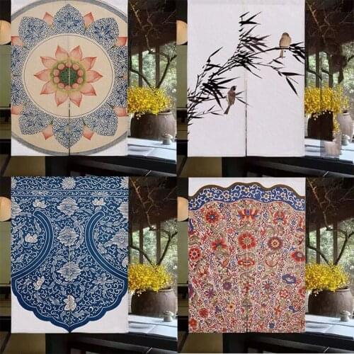 Chinese Bamboo Leaf Lotus Cotton Linen Bedroom Door Curtain Household Partition Curtain Without Punching