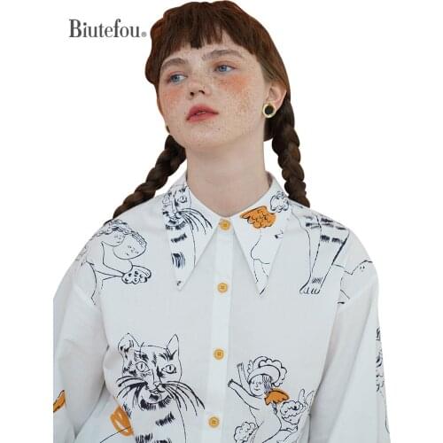 2021 Autumn Women Vintage Pop Art Lantern Sleeve Graffiti Cotton Shirt