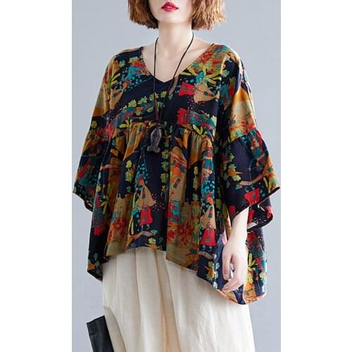 Vintage Floral Print Blouse Women Flare Sleeve Loose Tops V-Neck Three Quarter Sleeve Shirt Casual Autumn Spring
