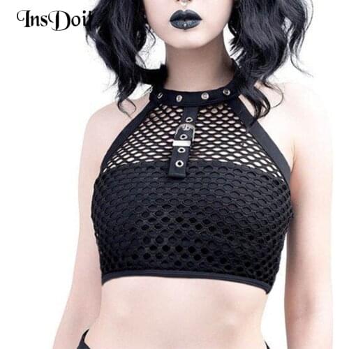 InsDoit Gothic Sexy Tank Top Punk Black Streetwear Mesh Bodycon Summer Darkness Tanks Women Harajuku Sleeveless Halter Crop Tops