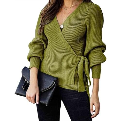 Women Autumn Sexy Wrap V-Neck Sweater Lantern Long Sleeve Solid Color Pullover Tops Ribbed Knitted Belted Waist Slim Fit Jumper