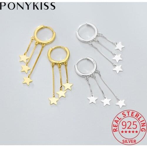 PONYKISS Romantic 100% 925 Sterling Silver Stars Tassel Geometric Hoop Earrings For Women Party Delicte Jewelry Accessory Gift