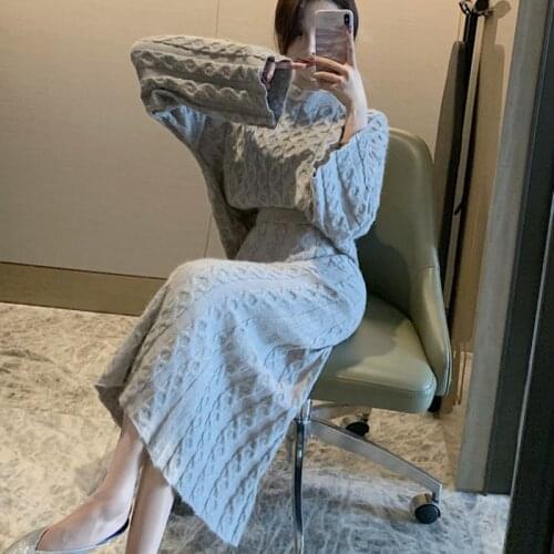 Office Lady Suit All Match Two Piece Set High Quality 2021 Autumn Winter Lazy Sweet Jumpers Loose Knitted Sweaters + Long Skirt
