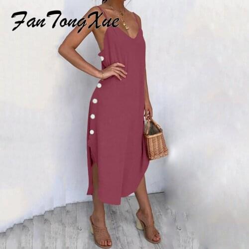 Summer Dresses for Women 2021 Solid Button Asymmetrical Sexy Dress Women A-line Spaghetti Strap V Neck Mid-calf White Dress