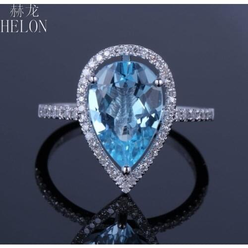 HELON Pear 8x12mm 3.8ct Natural Blue Topaz Ring Solid 14k White Gold Diamonds Halo Engagement Ring Women Exquisite Fine Jewelry