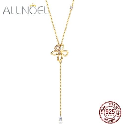 ALLNOEL 100%925 Sterling Silver Necklace For Women Zircon Gold Plated Flower Long Chain Y Shape Pendant Necklace Wedding Jewelry