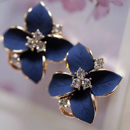 2018 new elegant exquisite noble blue flower ladies gold color rhinestone earrings piercing clip earrings women free shipping