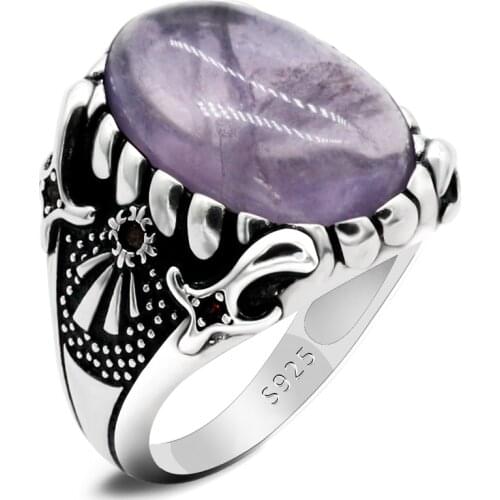 925 Sterling Silver Ring for Men Natural Fluorite Jewelry Women Purple Stone with Red CZ Turkish Rings Fashion Vintage Gift