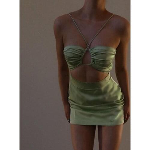 Satin Women Strap Mini Dress Ruched Lace Up Cross Bandage Backless Bodycon Sexy Party Elegant 2020 Club Christmas Slim