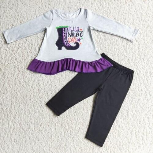 Boutique embroidery purple ruffled blouse black trousers girl fashion clothing suit childrens clothing 2pcs