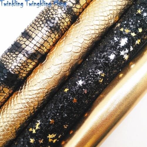 Black Glitter with Gold and Silver Stars ,Metallic Snake Faux Synthetic Leather Fabric For Bow 21x29CM Twinkling Ming KM424