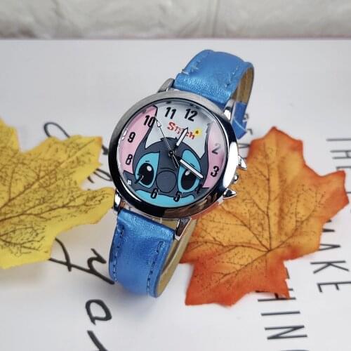 Disney Figure Stitch Kids Watch Anime Cartoon Stitch Watches Children Leather Quartz Wrist Watches for Girls Boys Gifts