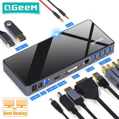 QGeeM Docking Station USB C Hub for Macbook Pro Air Xiaomi Notebook Tablets Type C Hub HDMI DVI VGA RJ45 Aux USB Hub 3.0 Adapter