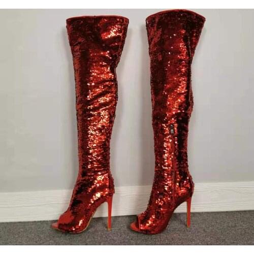 Dovereiss Fashion Womens Shoes Peep toe sexy Zipper new Pure color red bling-bling Over the knee boots Stilettos heels 35-47