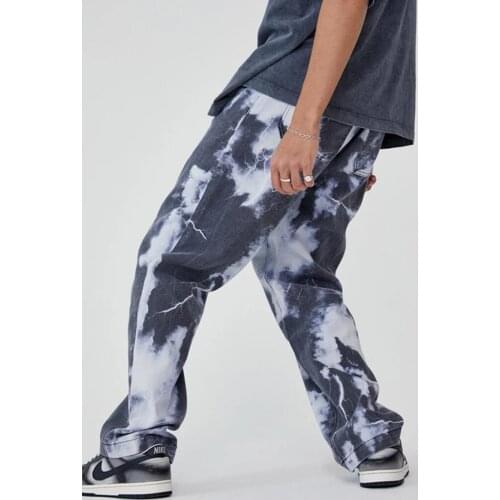 2021Mens Comfort Tie-Dyed Denim Straight-fit Jeans Pant Washed Comfort Stretch Chino Rise Relaxed Straight Leg Jeans for